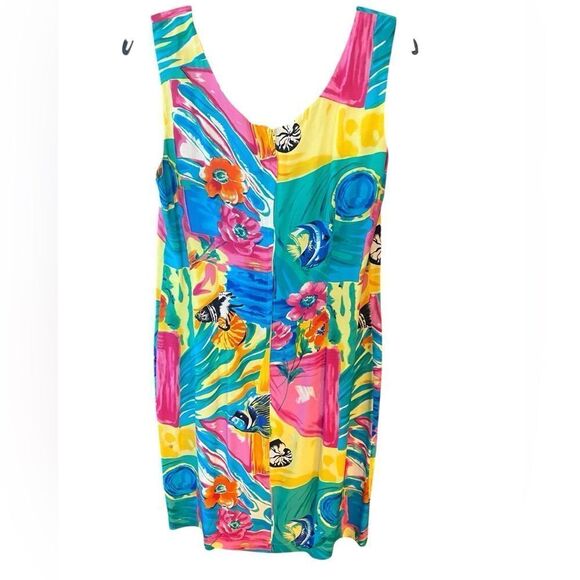 Bindi Sz L Vintage Hawaiian Vibrant Yellow Fish Print Sleeveless Tank Dress - Picture 2 of 8